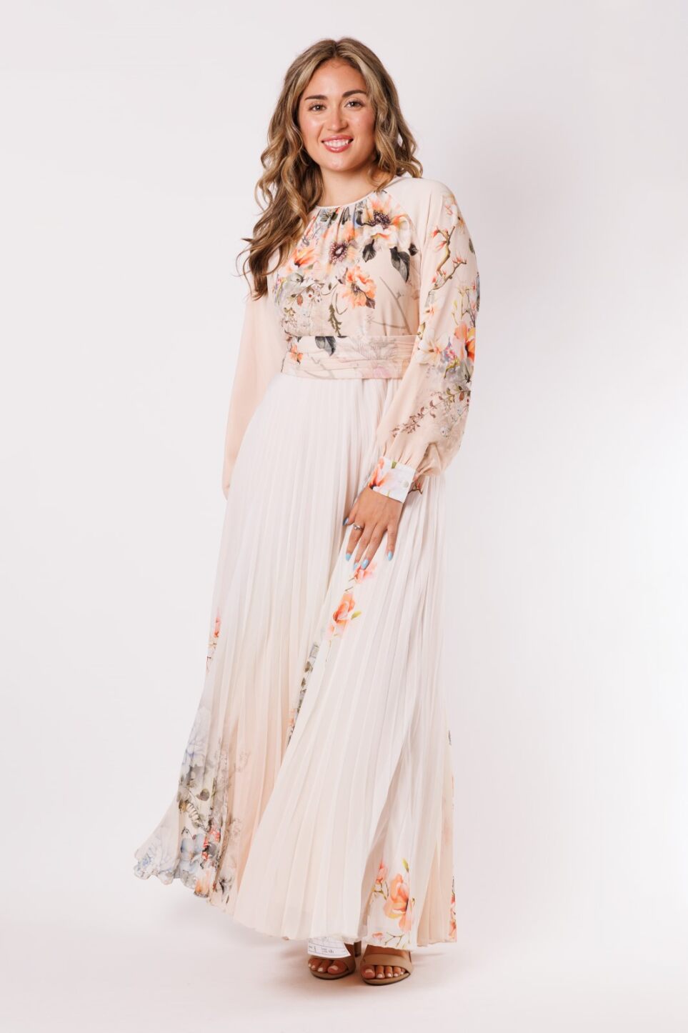 Cream Floral Pleated Dress 322