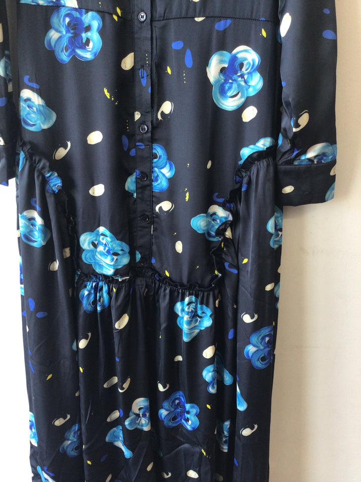 Blue Floral Print Satin Dress 355