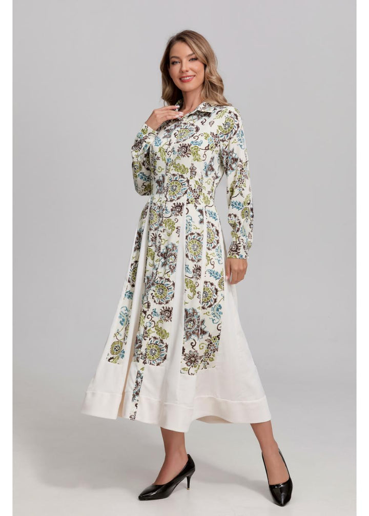 Beige Green Print Dress 4377