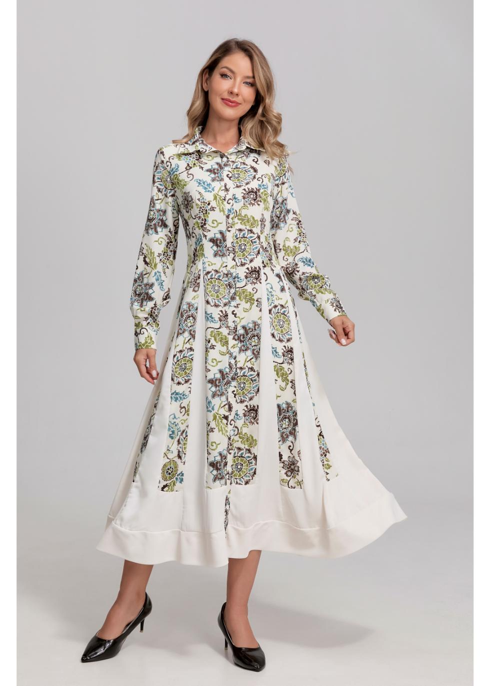 Beige Green Print Dress 4377