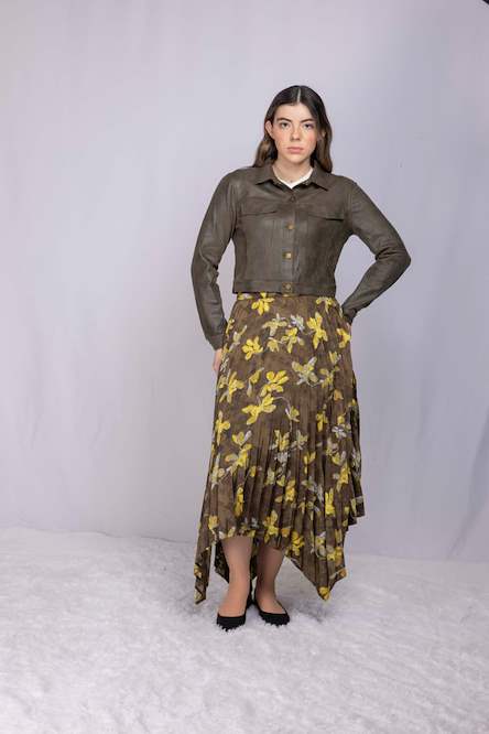 Olive Print Pleated Skirt 665