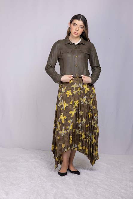 Olive Print Pleated Skirt 665