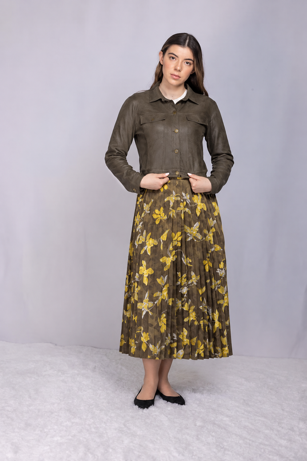 Olive Print Pleated Skirt 665