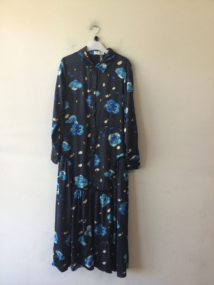 Blue Floral Print Satin Dress 355