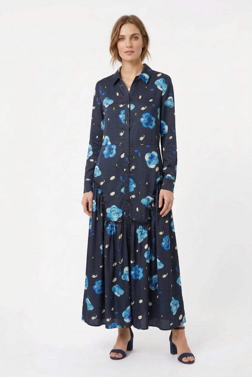 Blue Floral Print Satin Dress 355