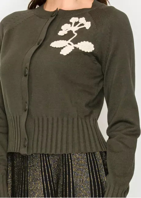 Olive Cardi w/ Leaf Detail 4928