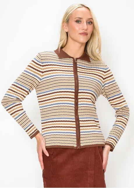 Multi Stripe Zip Cardigan with Collar 5527