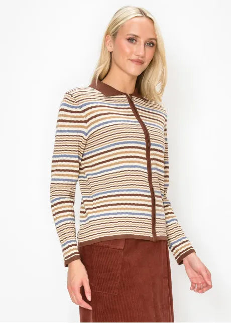 Multi Stripe Zip Cardigan with Collar 5527
