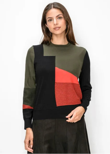 Geometric Panel Sweater in Olive 5538