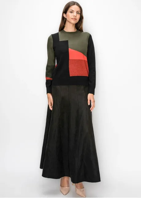 Geometric Panel Sweater in Olive 5538