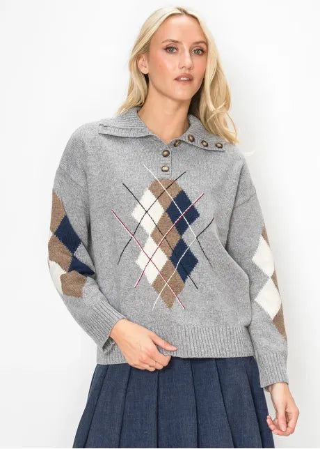Collared Argyle Knit Top in Grey 5717