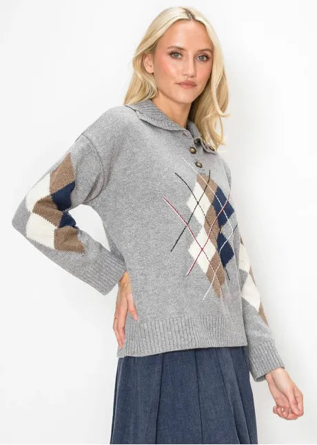Collared Argyle Knit Top in Grey 5717