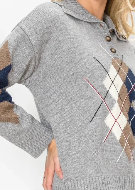 Collared Argyle Knit Top in Grey 5717