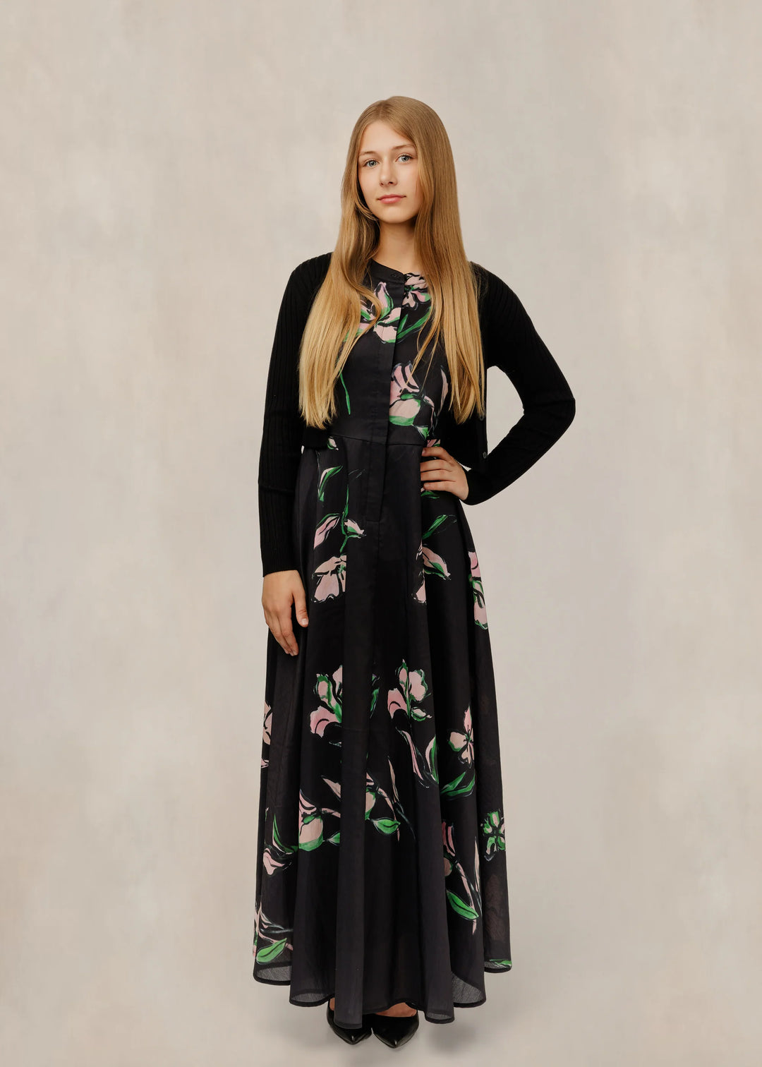 Pink Floral Black  jumper w/ Cardigan 806