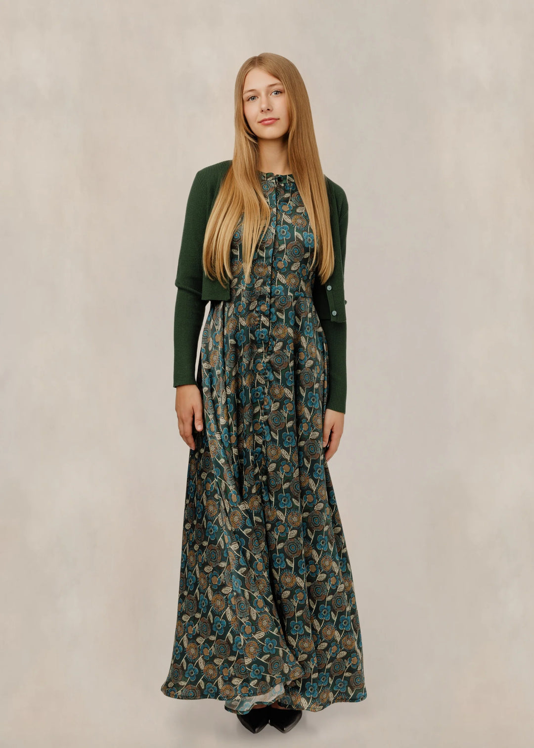 Floral Dress W/ Green Cardigan 038