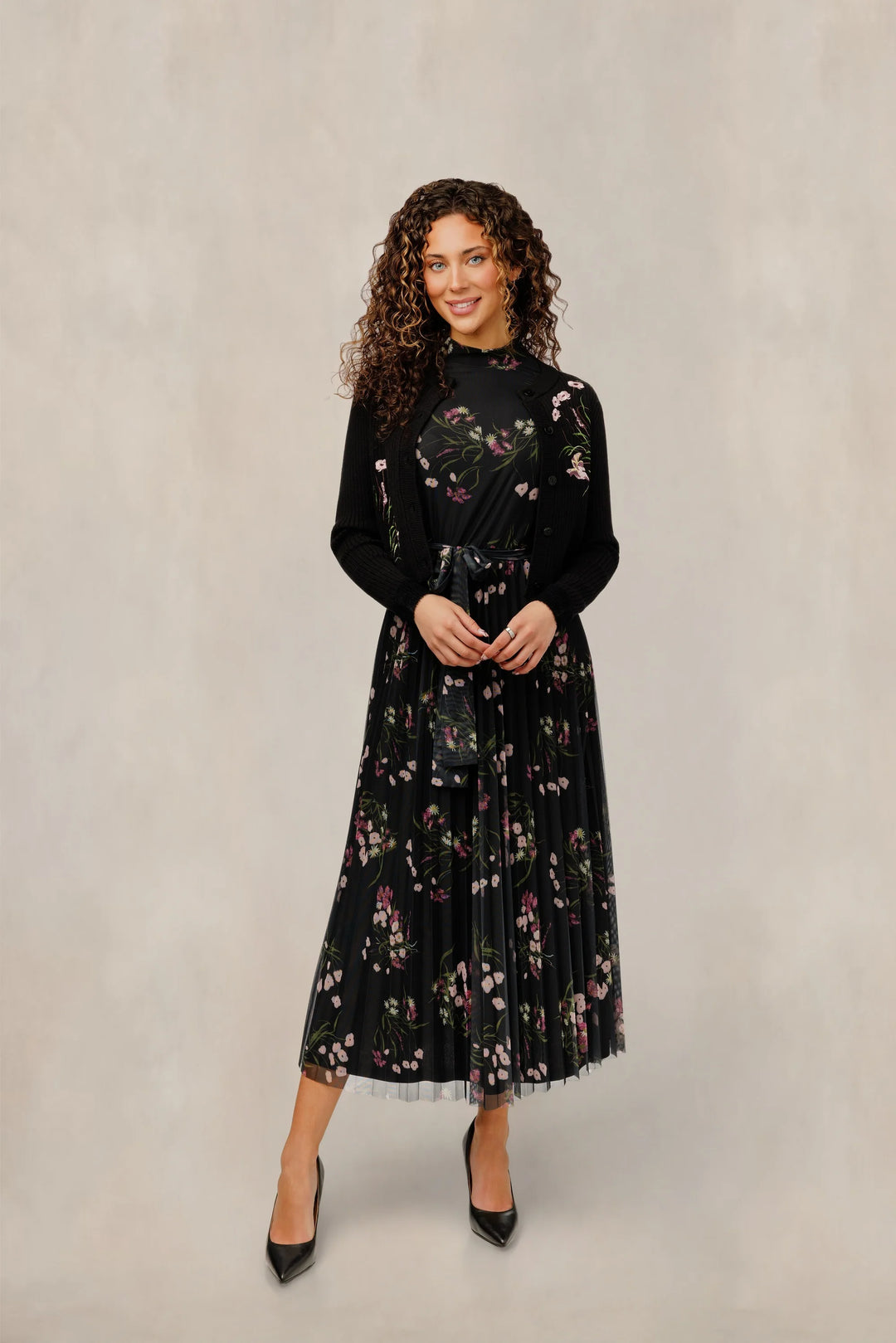 Floral Mesh Dress W/ Embroidered Cardigan 111