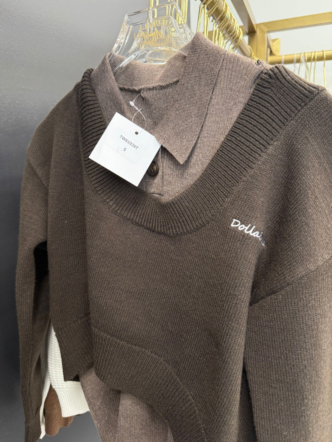 Brown Double Layer Sweater With Collar 026