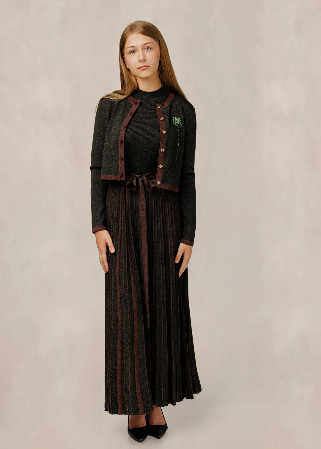 Pleated Knit Jumper w/ Cardigan