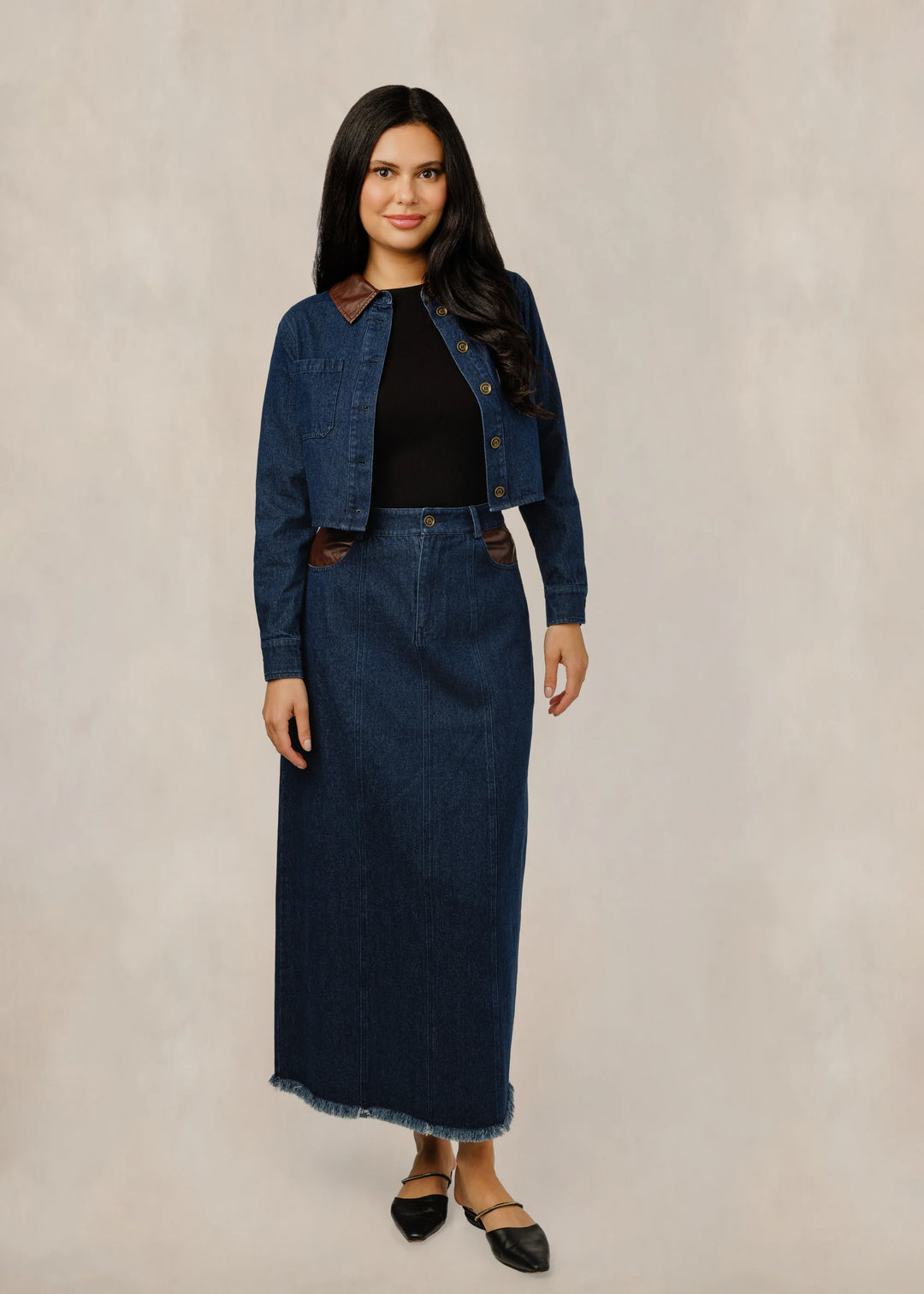 Denim Skirt With Brown Pockets 770S