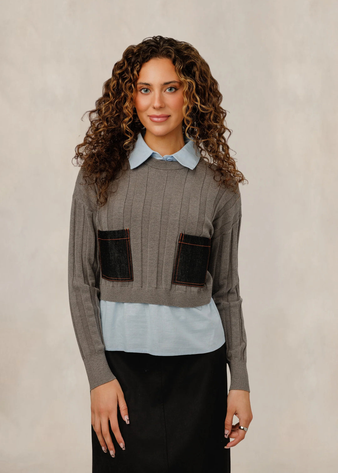 Blue Shirt Grey Knit Top 202