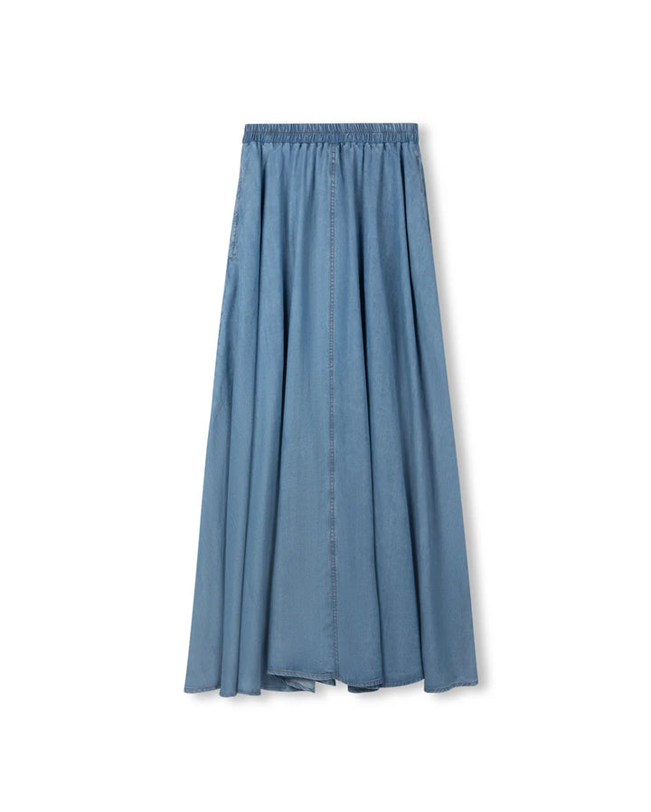 Gathered Elastic Waist Maxi Denim Skirt