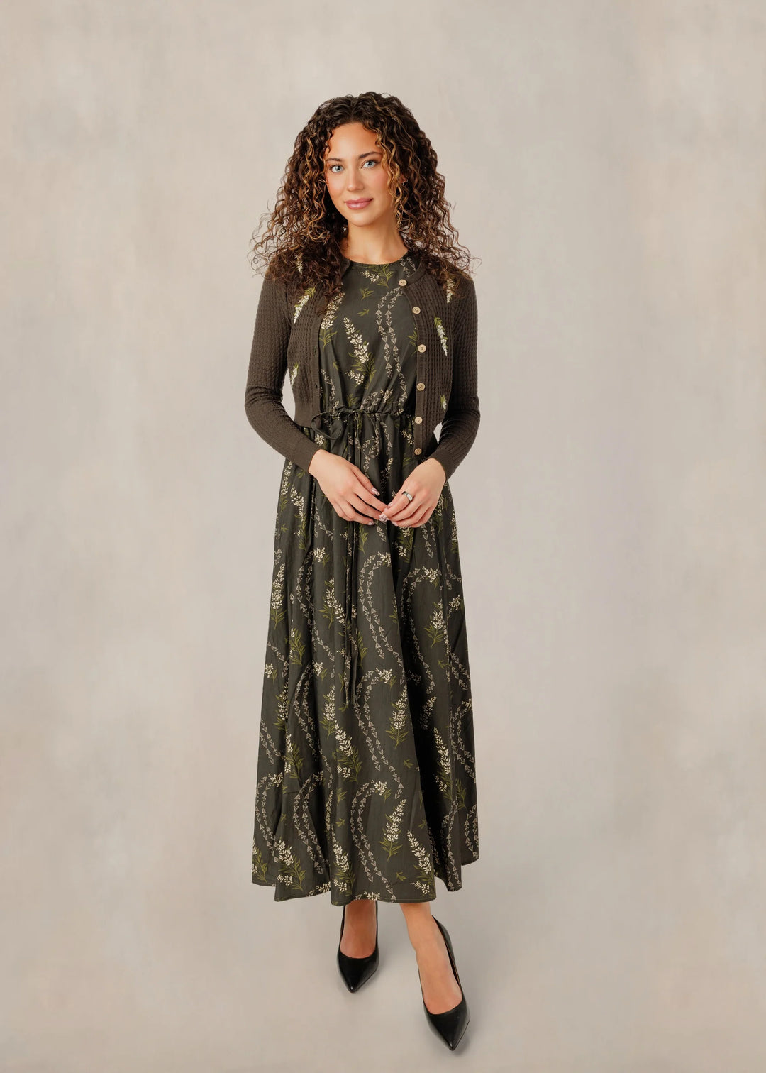 Olive Floral Dress w/ embroidered Cardi 061