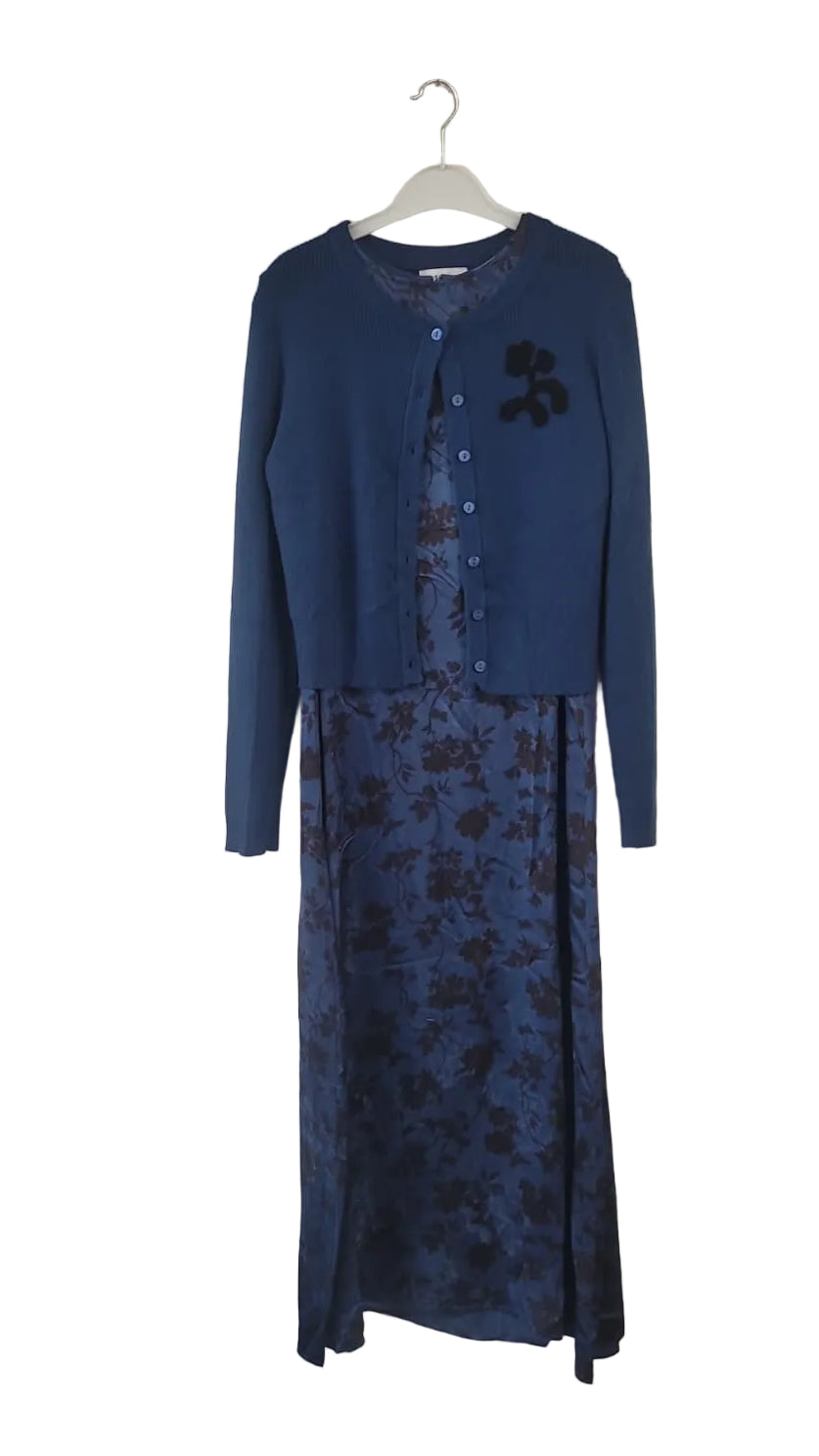 Floral Print Teal Dress W/ Cardi 802